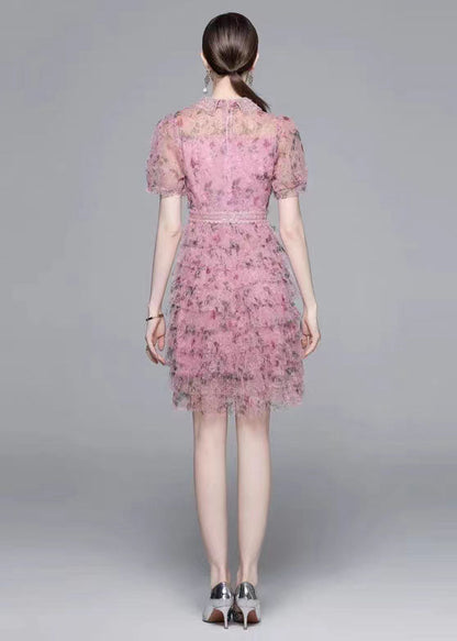 Pink Ruffled Nail Bead Print Patchwork Tulle Mid Dress Summer