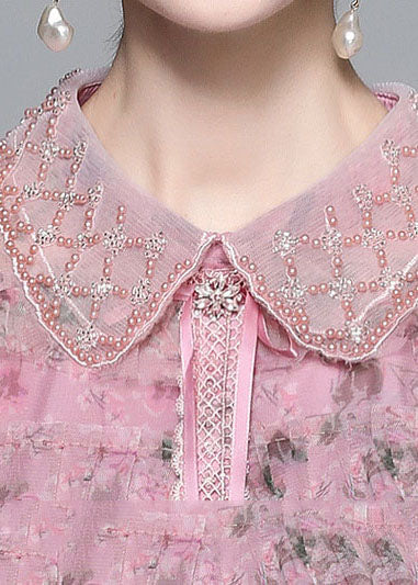 Pink Ruffled Nail Bead Print Patchwork Tulle Mid Dress Summer