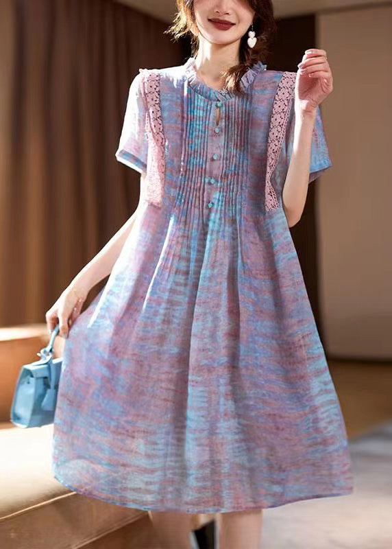 Pink Ruffled Print Chiffon Long Dress Short Sleeve