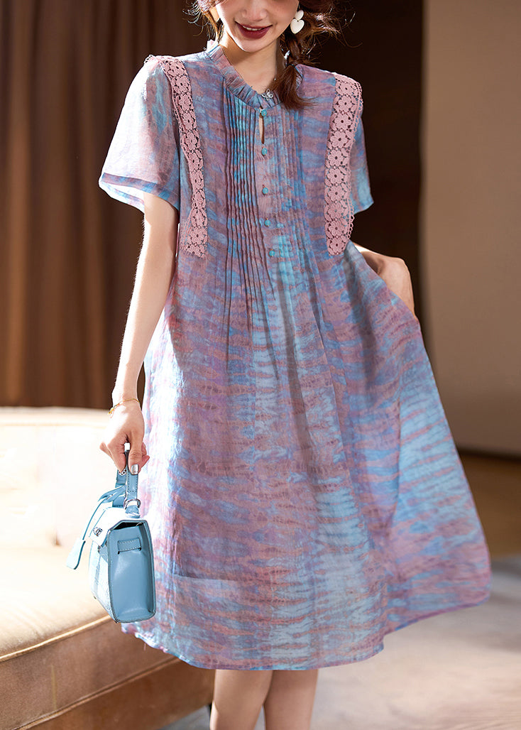 Pink Ruffled Print Chiffon Long Dress Short Sleeve
