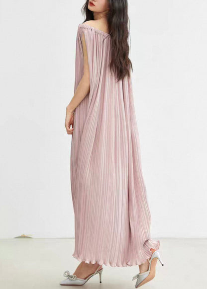 Pink Slash Neck Wrinkled Cotton Long Dresses Summer