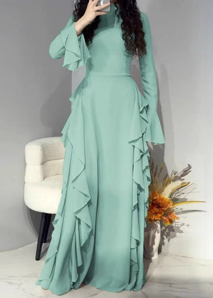 Pink High Waist Chiffon Maxi Dresses Flare Sleeve