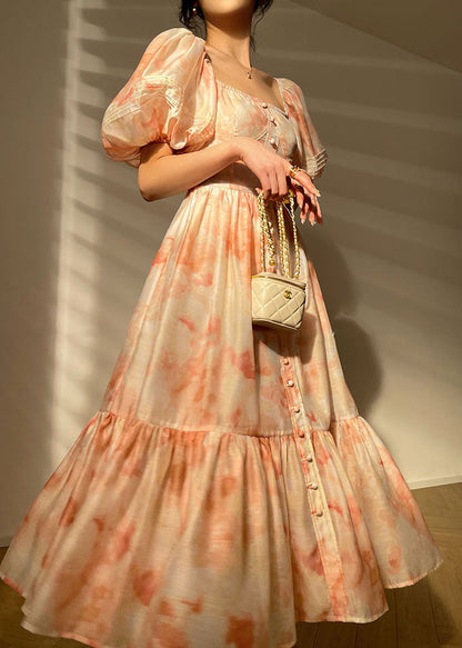 Pink Square Collar Patchwork Print Silk Dress Puff Sleeve