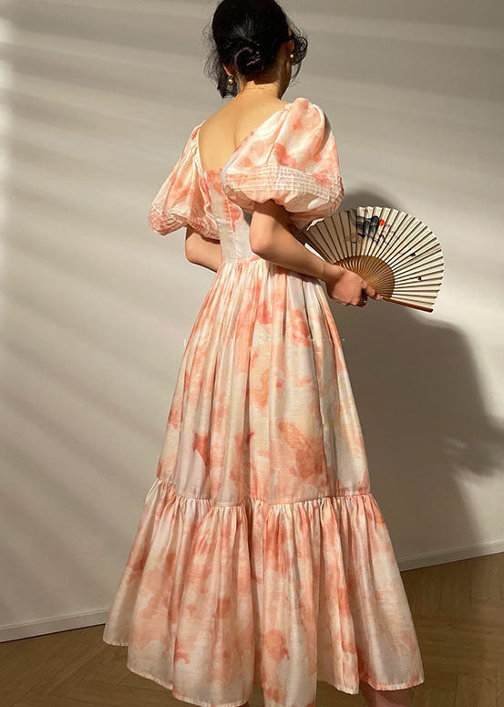 Pink Square Collar Patchwork Print Silk Dress Puff Sleeve