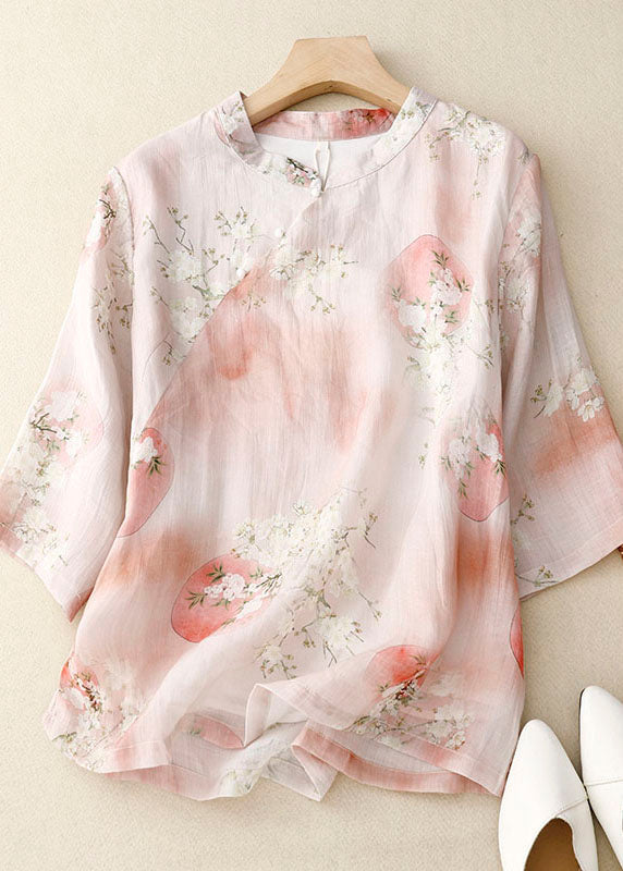 Pink Stand Collar Print Patchwork Cotton Shirts Top Summer