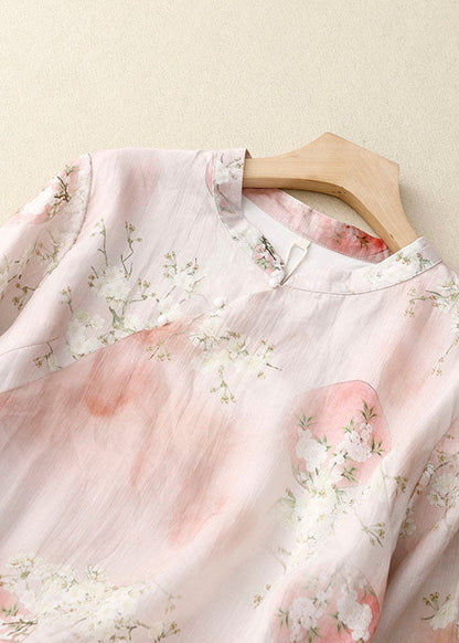 Pink Stand Collar Print Patchwork Cotton Shirts Top Summer