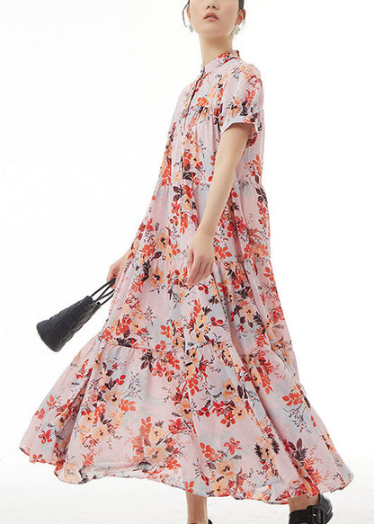 Pink Stand Collar Wrinkled Print Patchwork Chiffon Dress Summer