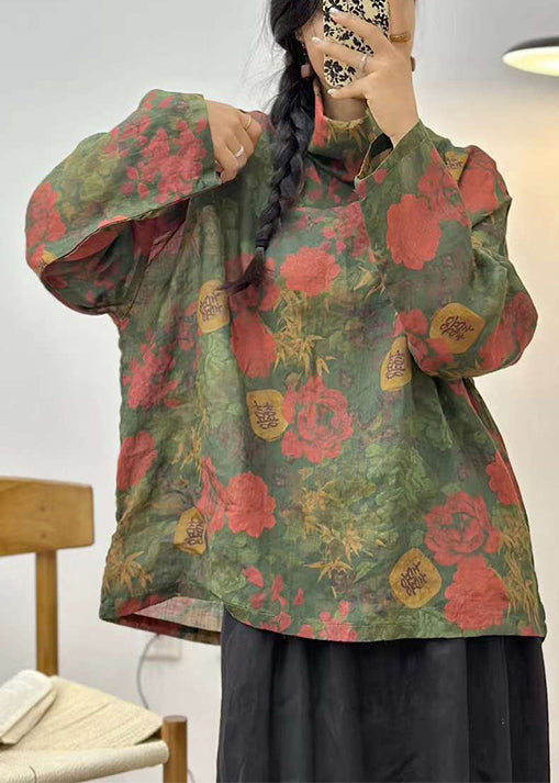 Pink Turtleneck Print Linen Shirt Long Sleeve
