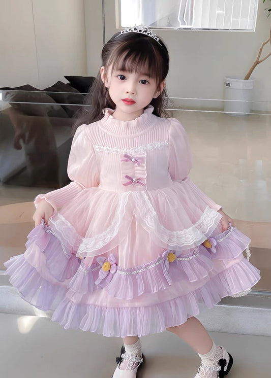 Pink Turtleneck Tulle Patchwork Knit Holiday Maxi Dress Long Sleeve