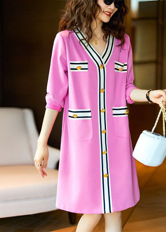 Pink V Neck Button Patchwork Cotton Mid Dress Spring