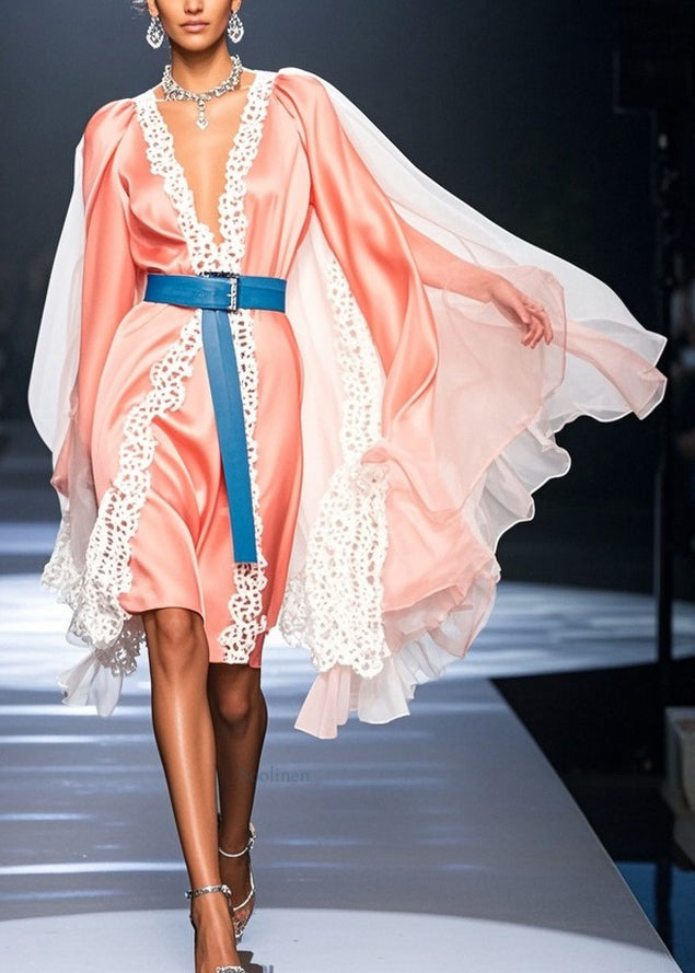 Pink V Neck Lace Tulle Patchwork Dresses Spring