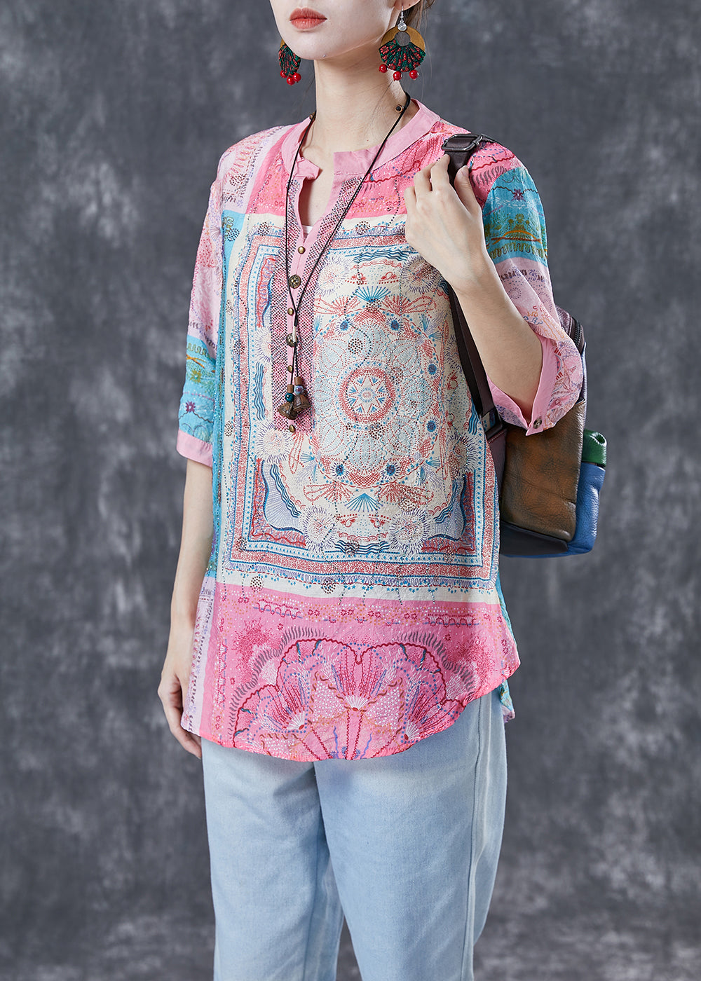 Pink V Neck Print Linen Tops Half Sleeve