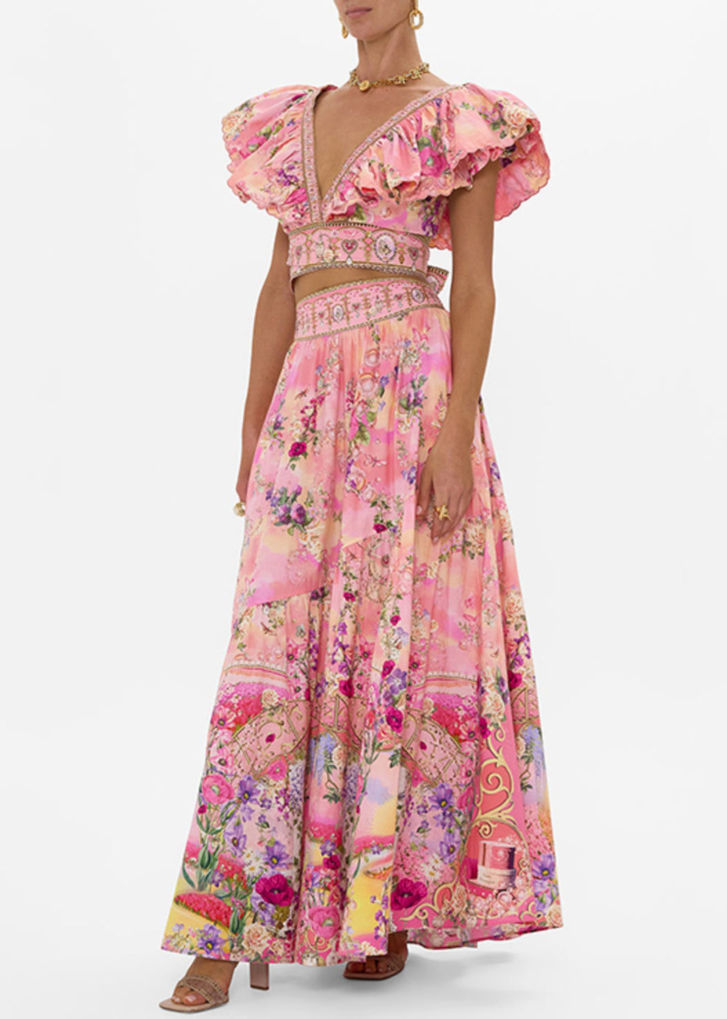 Pink V Neck Print Pockets Cotton Two Piece Set Summer