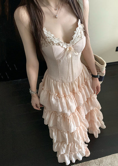 Pink V Neck Ruffled Lace Spaghetti Strap Dress Sleeveless