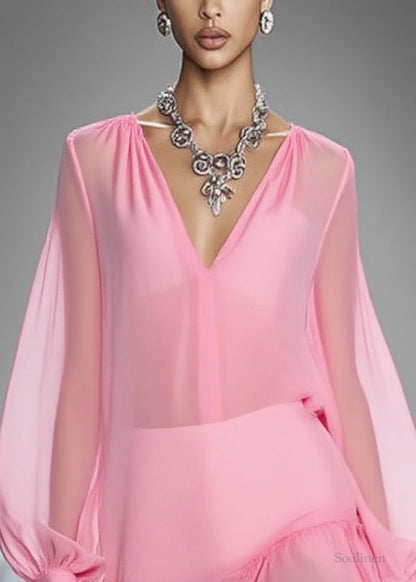 Pink V Neck Wrinkled Tulle Mid Dress Spring