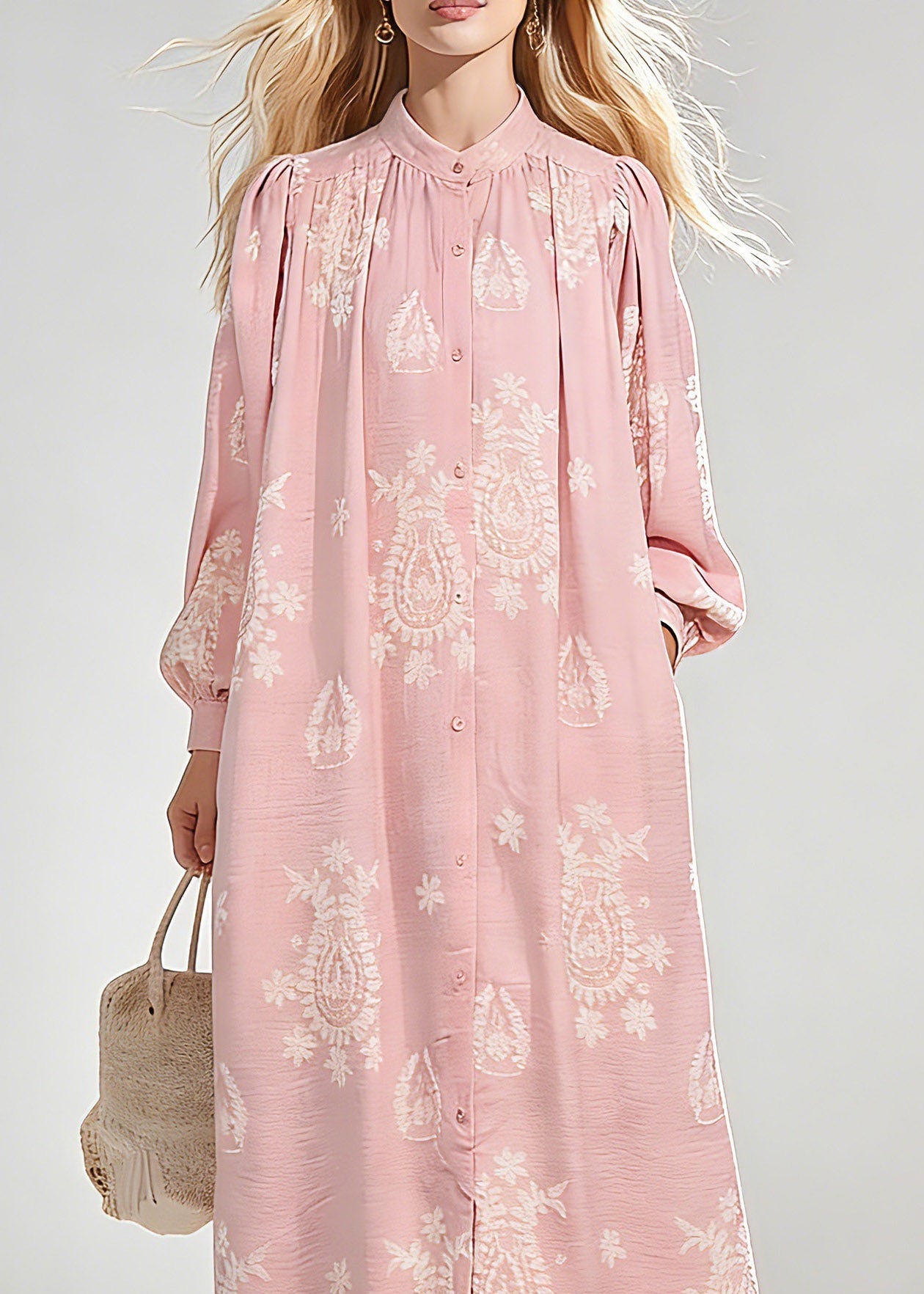 Pink Wrinkled Butto Long Dress Spring