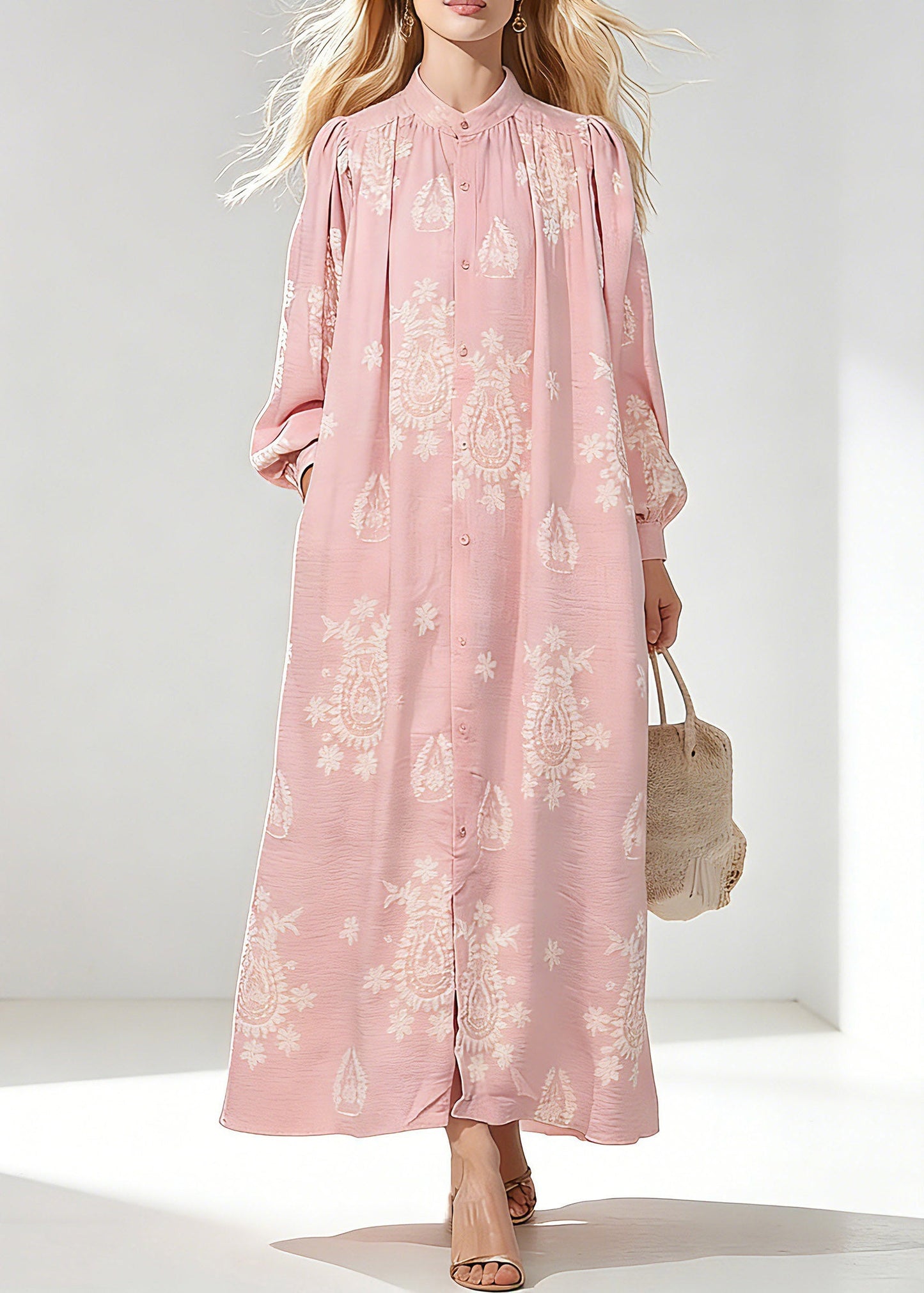 Pink Wrinkled Butto Long Dress Spring