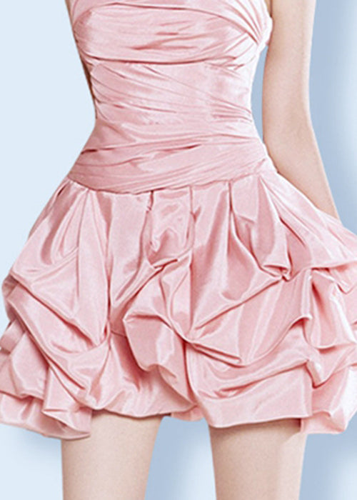 Pink Wrinkled Cold Shoulder Silk Mid Dress Sleeveless