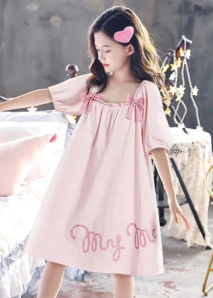 Pink Wrinkled Graphic Bow Cotton Maxi Dress Short Sleeve