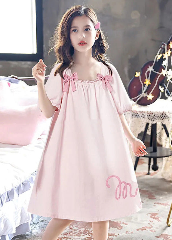Pink Wrinkled Graphic Bow Cotton Maxi Dress Short Sleeve