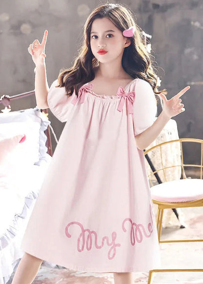 Pink Wrinkled Graphic Bow Cotton Maxi Dress Short Sleeve