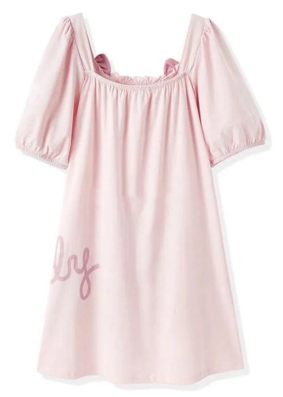 Pink Wrinkled Graphic Bow Cotton Maxi Dress Short Sleeve