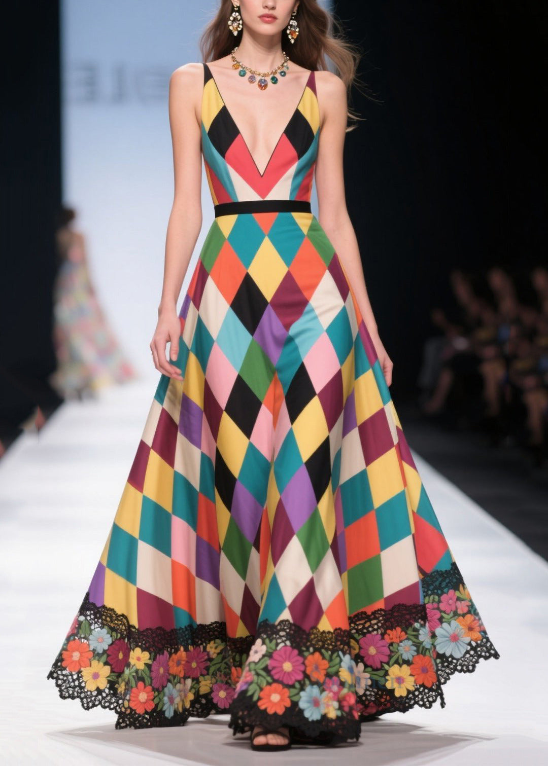 Polychrome Plaid Patchwork Lace Party Dress Summer