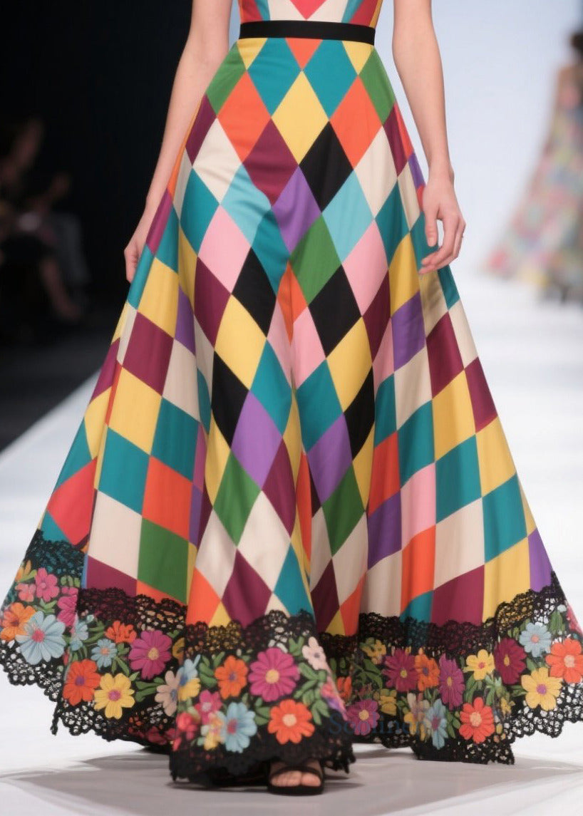 Polychrome Plaid Patchwork Lace Party Dress Summer