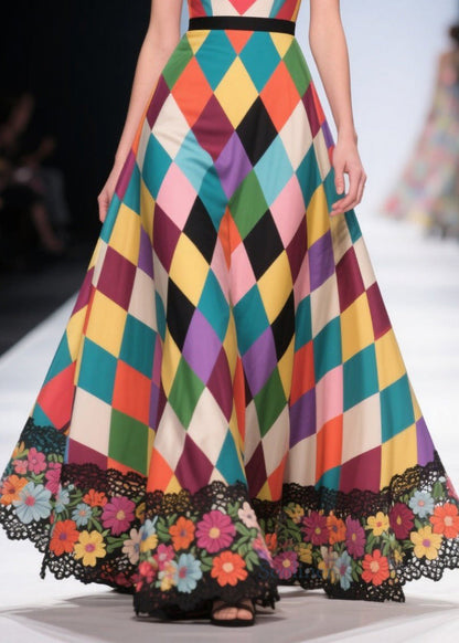 Polychrome Plaid Patchwork Lace Party Dress Summer
