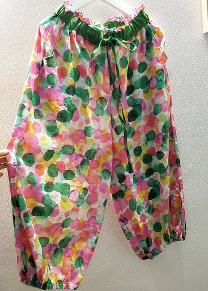 Print Elastic Waist Tie Waist Linen Crop Pants Fall