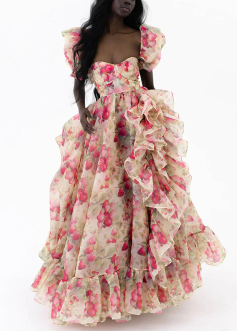 Print Ruffled High Waist Chiffon Maxi Dresses Puff Sleeve
