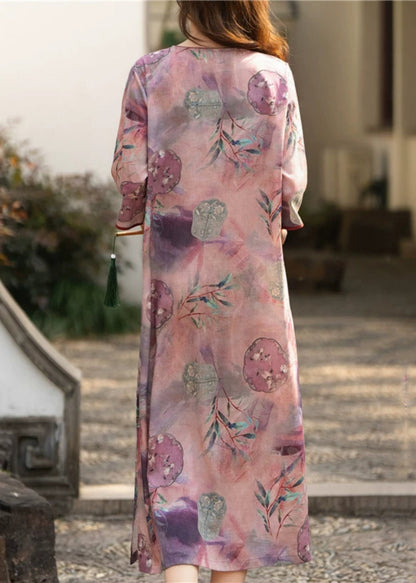 Purple Button Print Side Open Linen Dress Half Sleeve