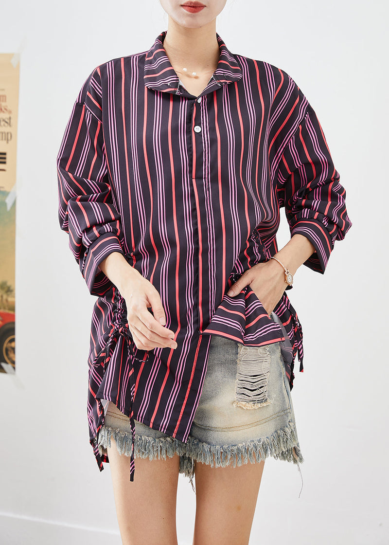 Purple Cinched Striped Cotton Shirt Tops Fall