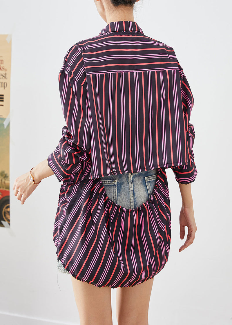 Purple Cinched Striped Cotton Shirt Tops Fall