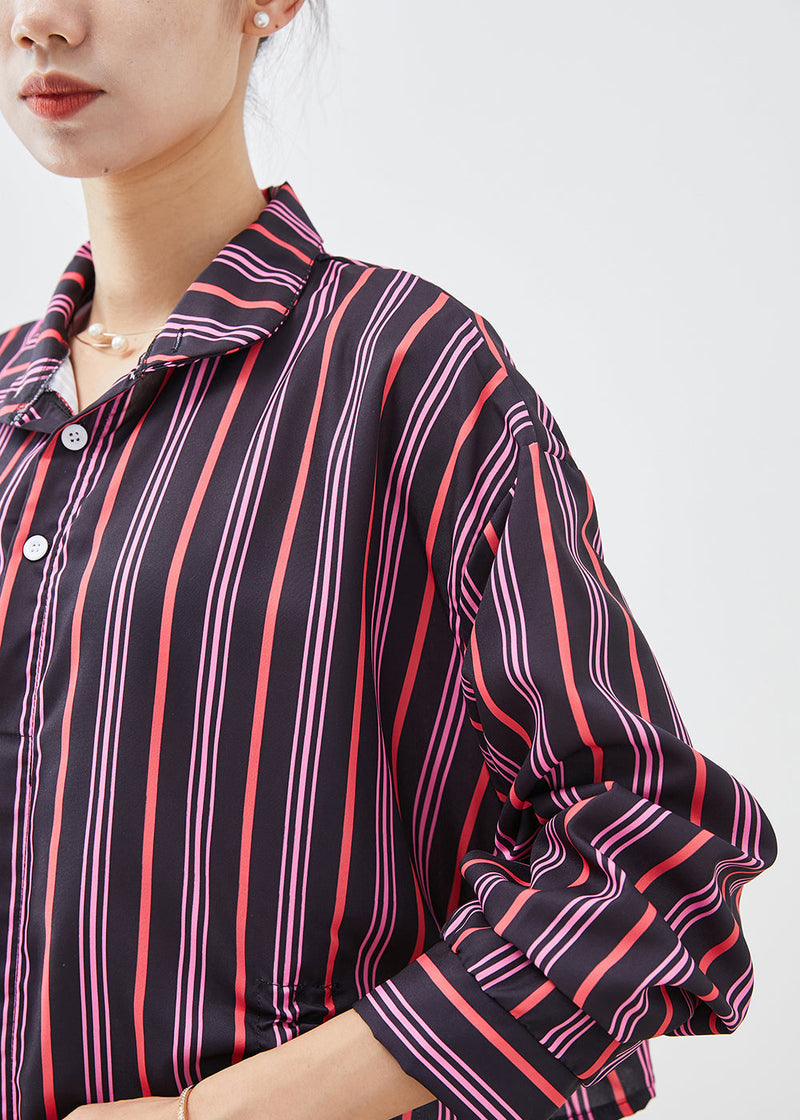 Purple Cinched Striped Cotton Shirt Tops Fall