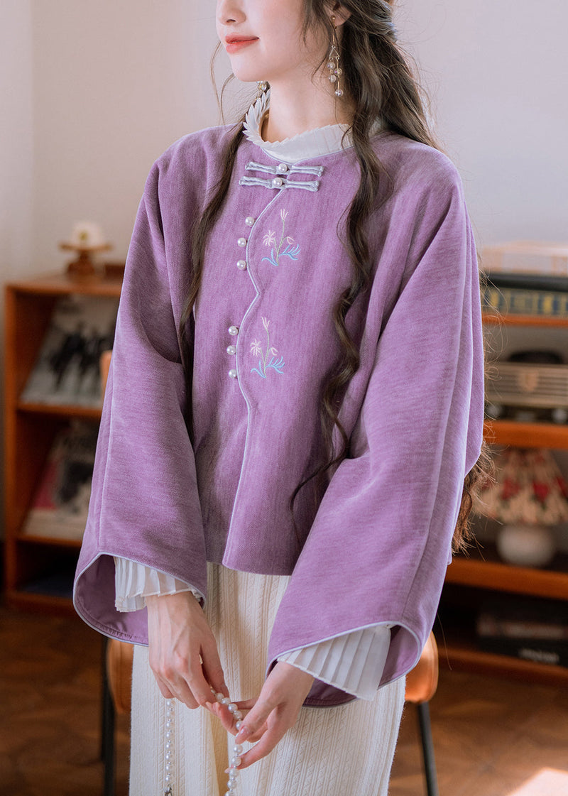 Purple Embroidered Button Cotton Coat Flare Sleeve