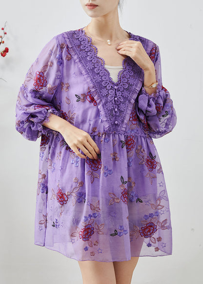 Purple Embroidered Patchwork Chiffon Vacation Dress Fall