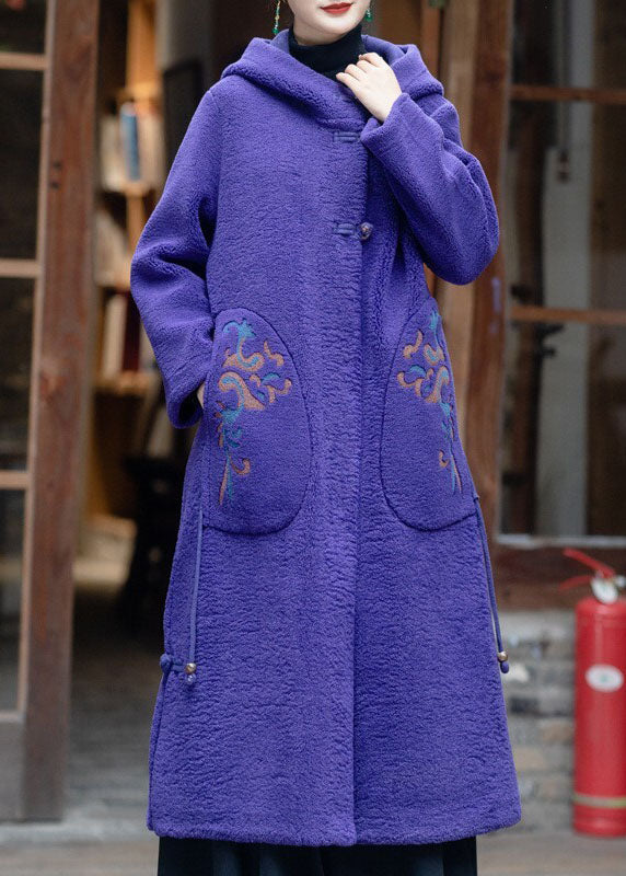 Purple Hooded Embroideried Tassel Teddy Faux Fur Coats Winter
