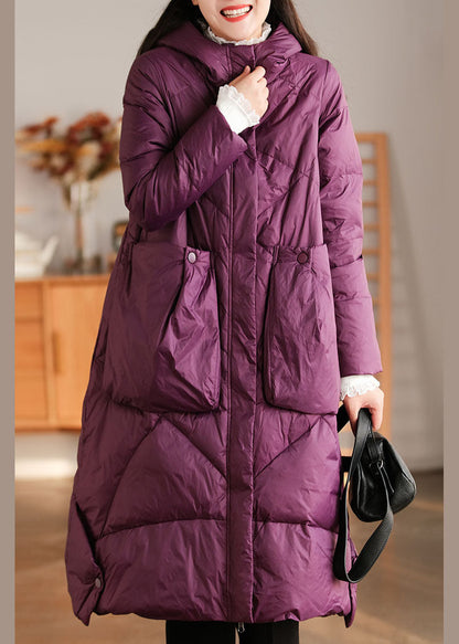 Purple Hooded Pockets Duck Down Down Coat Winter