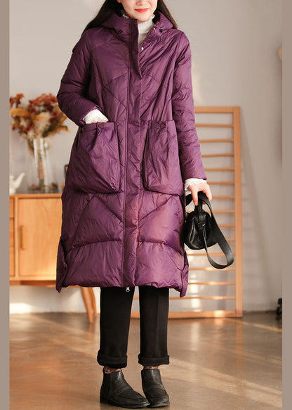 Purple Hooded Pockets Duck Down Down Coat Winter
