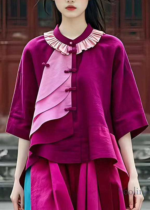 Purple O-neck Patchwork Low High Design Shirt Half Sleeve