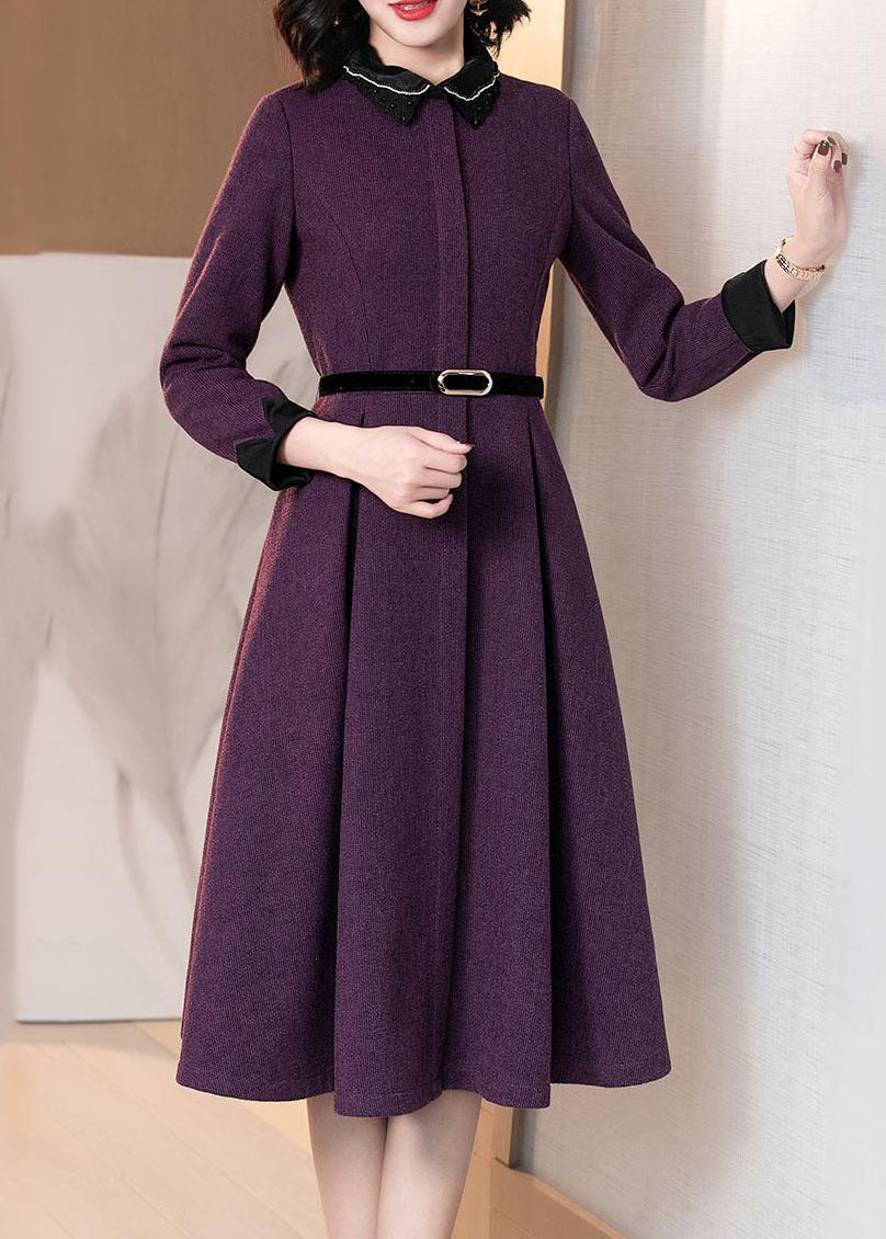 Purple Peter Pan Collar Patchwork Cotton Cinch Dress Long Sleeve