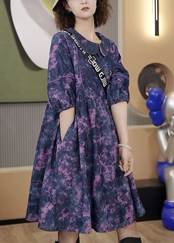 Purple Peter Pan Collar Tie Dye Wrinkled Vacation Long Dresses Half Sleeve