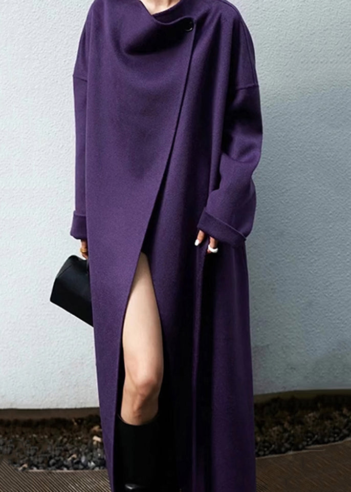 Purple Pockets Tie Waist Patchwork Woolen Coat Winter