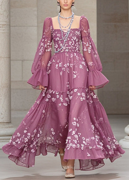 Purple Print Chiffon Dresses Exra Large Hem Fall