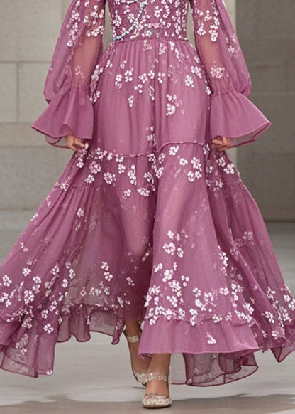Purple Print Chiffon Dresses Exra Large Hem Fall