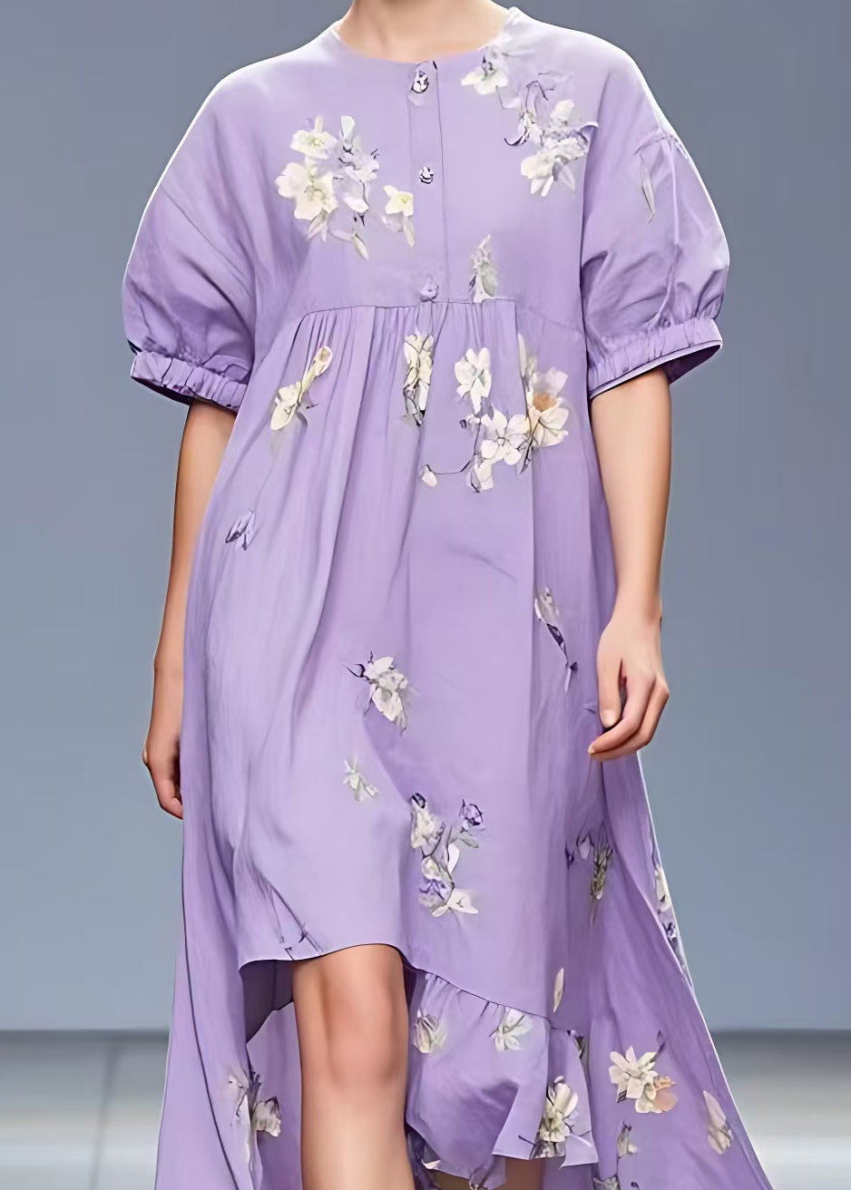 Purple Print Low High Design Cotton Dress Summer