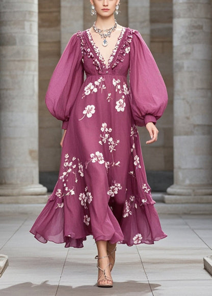 Purple Ruffled Print Chiffon Robe Dresses Fall
