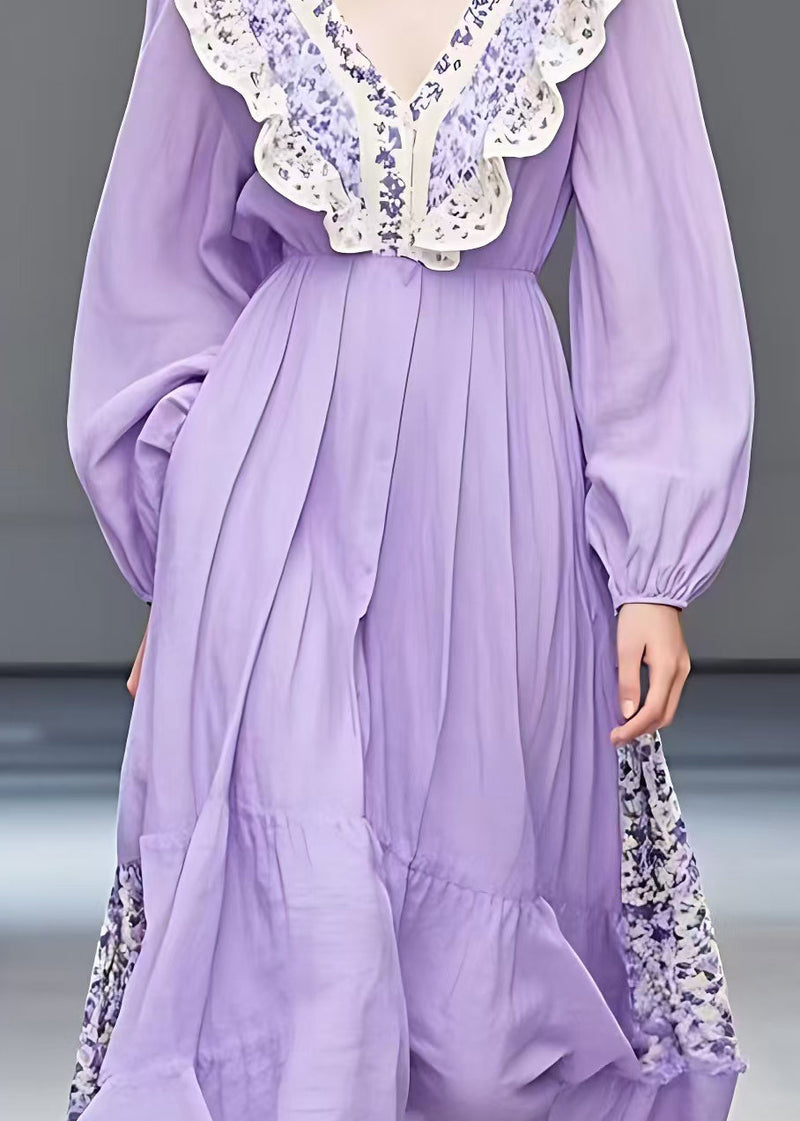 Purple Ruffled Print Patchwork Cotton Dresses Long Sleeve