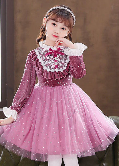 Purple Ruffled Velour Patchwork Tulle Baby Dress Fall